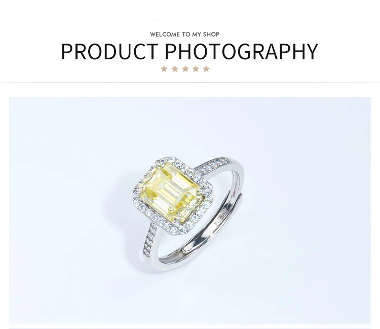 Xingyue Custom High quality 925 sterling silver 2ct yellow color emerald cut lab grown diamond moissanite Adjustable ring