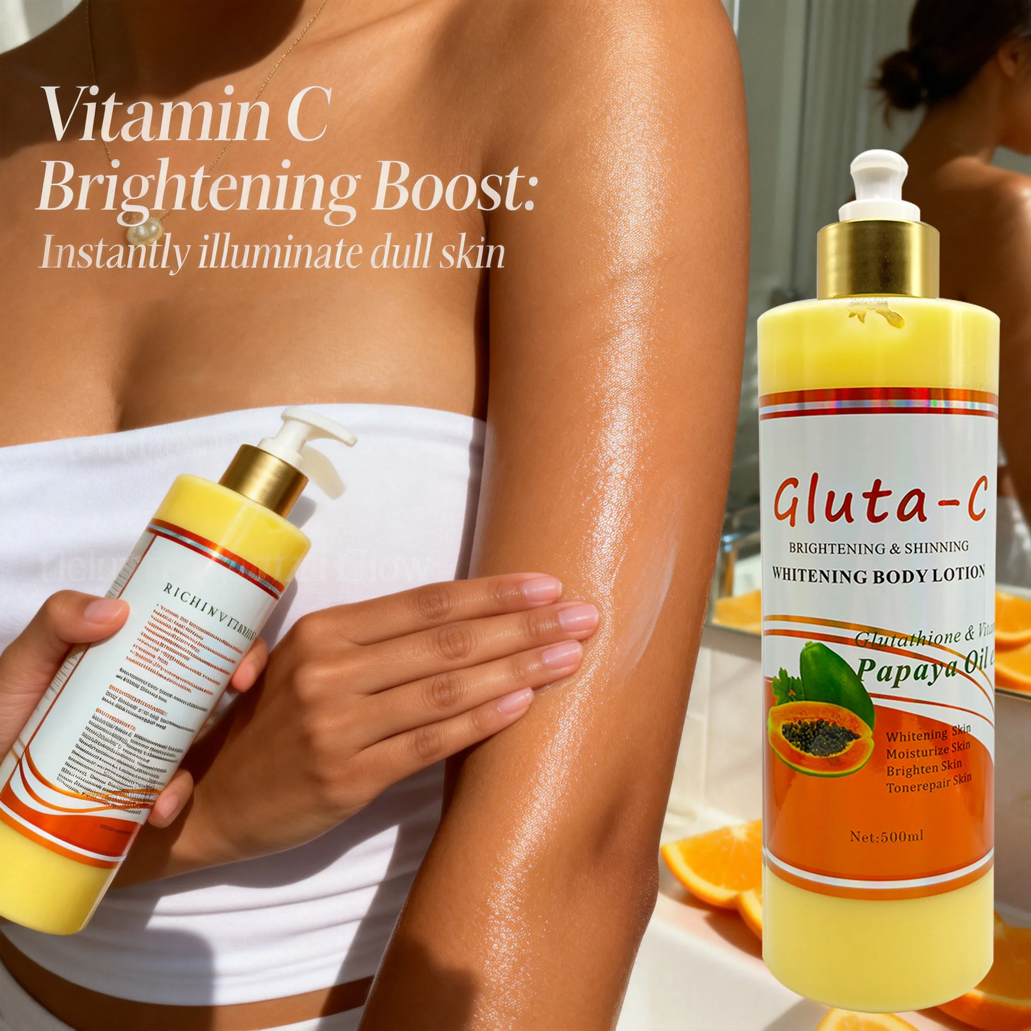 glutathione whitening body lotion review White Label Skincare Organic Gluta-C Vitamin C Papaya Oil Whitening  Nourishing Body Lotion Natural Scent Moisturizer 500ml for