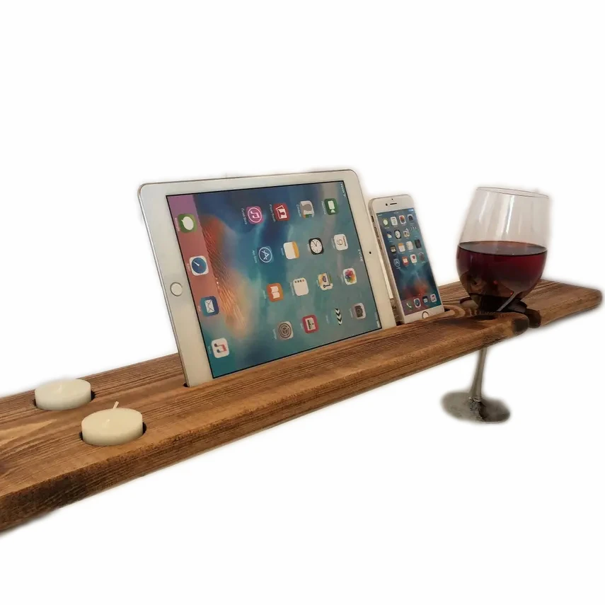 Wooden Bath Caddy Tray Solid Wood Bath Shelf /Wine/Tablet/Mobile Phone Holder 