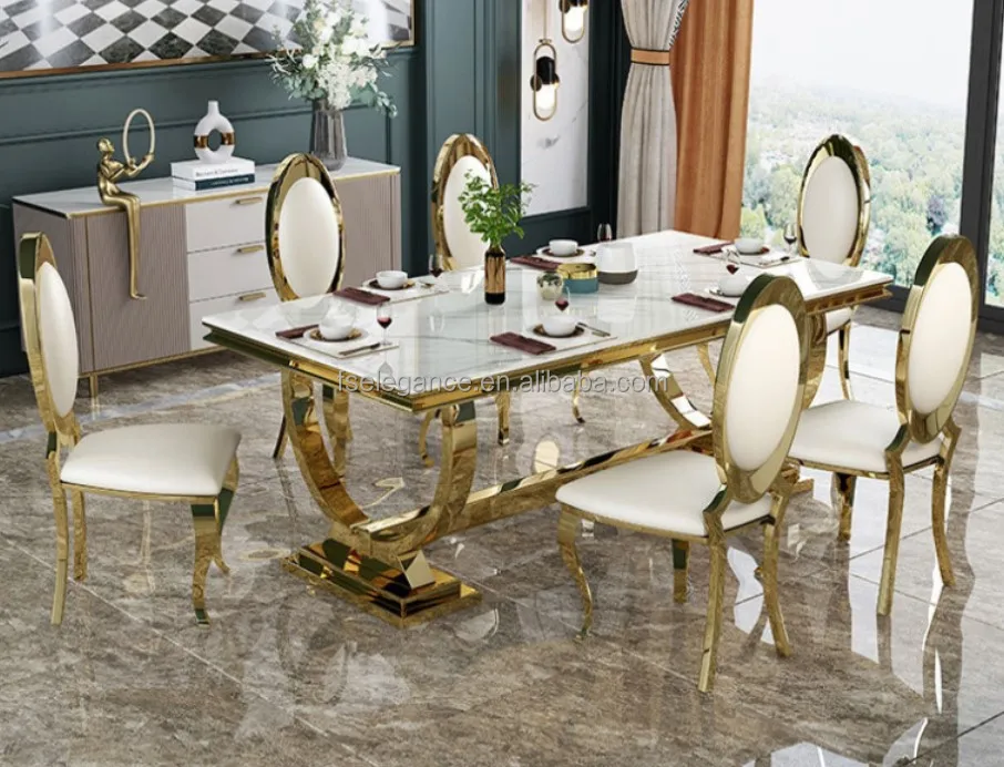 modern kitchen counter height 10 seater natural marble dining table set gold stainless steel out door table and chair