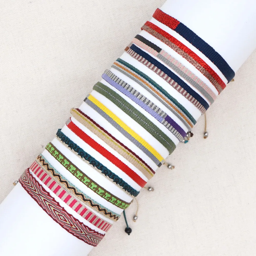 Bohemian Style Colombian Ethnic Adjustable Fabric Ribbon Woven Webbing Bracelets
