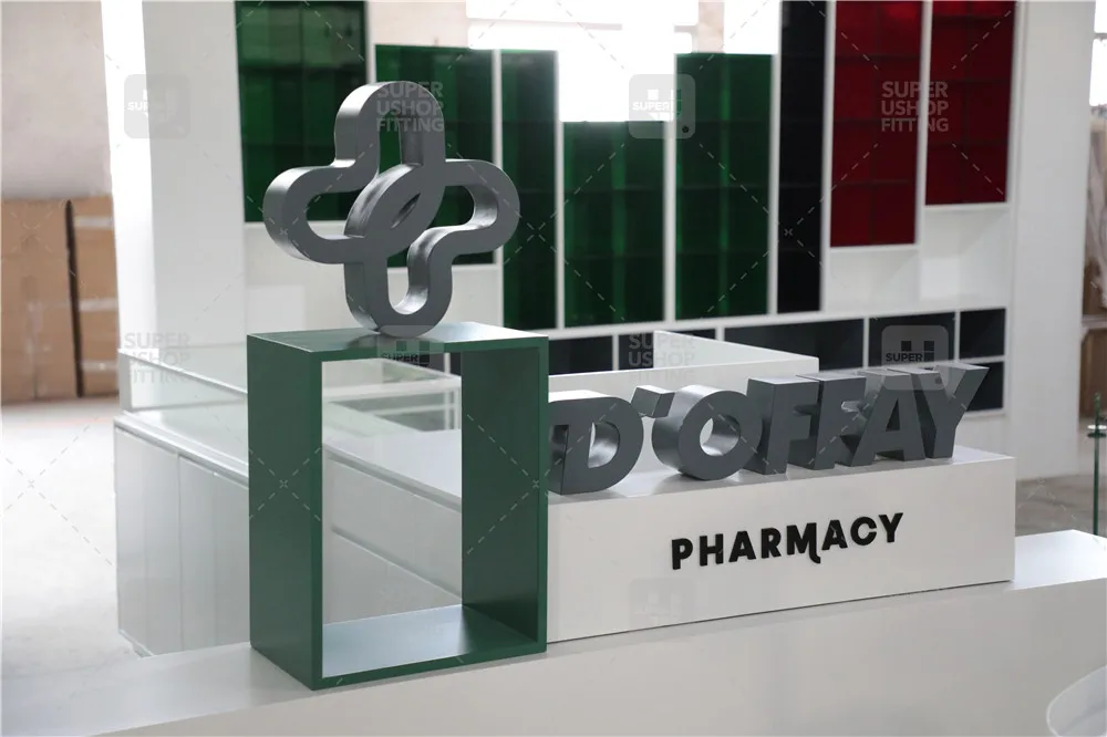 Trendy Medical Store Shelves Decoration Glass Display Shelf Gondola Customized Wooden Pharmacy