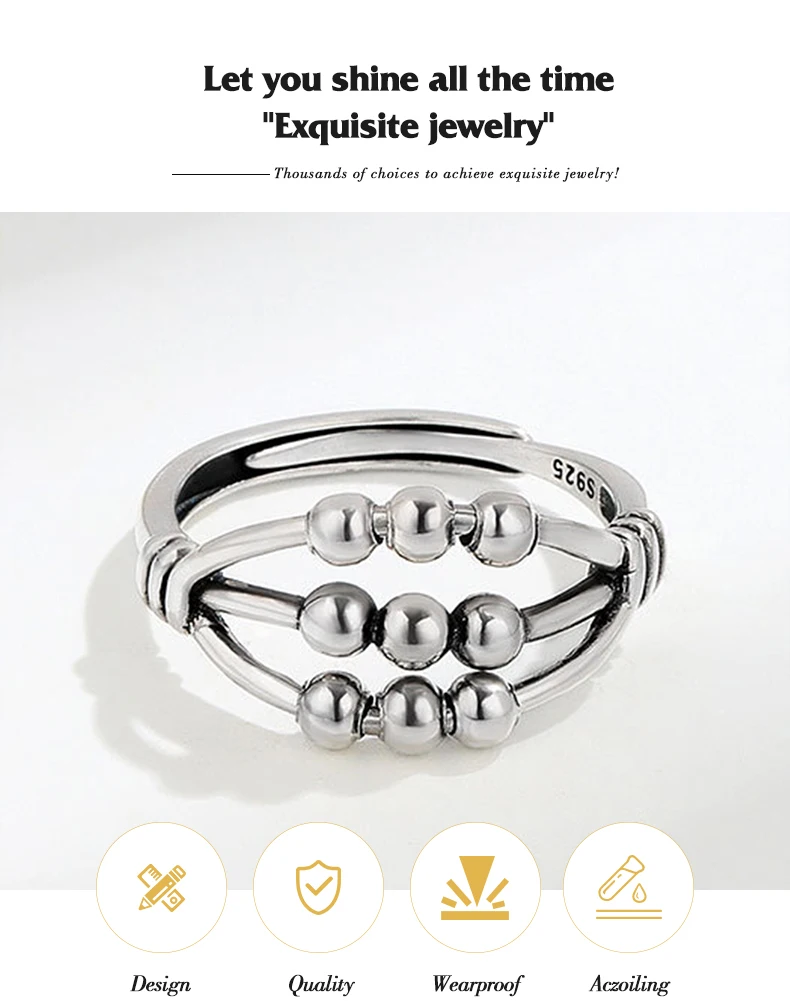 S925 Silver Women's Fretting Bead Rotating Ball Adjustable Stacked Ring Rotatable Wholesale