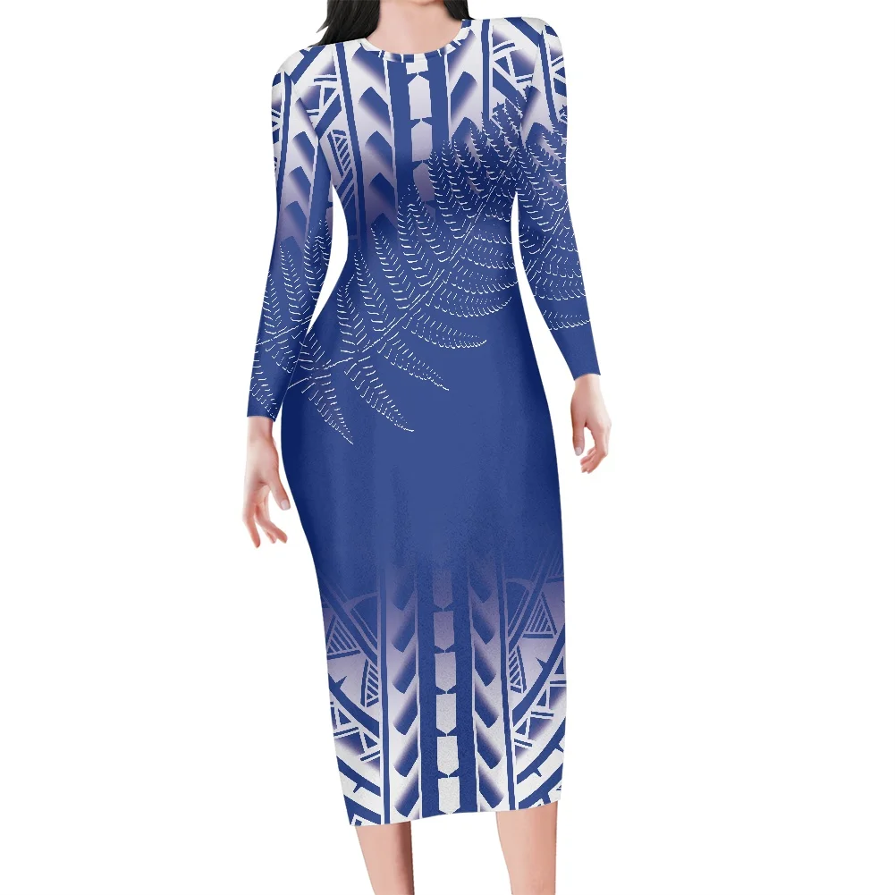 Hawaiian Tribal Tattoo Blue Pattern Bodycon Midi Club Dress Long Sleeve  Basic Casual Dresses Women Clothing Plus Size Dress