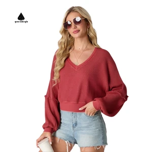 Custom Casual Waffle Notched V Neck Drop Shoulder Vintage Crew Neck Solid Blank Custom Knitted Sweatshirt Women