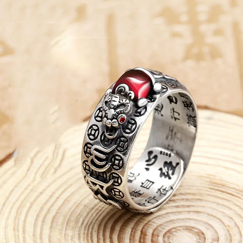 Anillo Feng Shui Pixiu Lucky Garnet Ring Adjustable Chinese Men Anillo ...