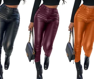 Viviblook Z1017PT01 New Sexy Women's Plus Size Pants Trousers Street Elastic Leather Pants for Women