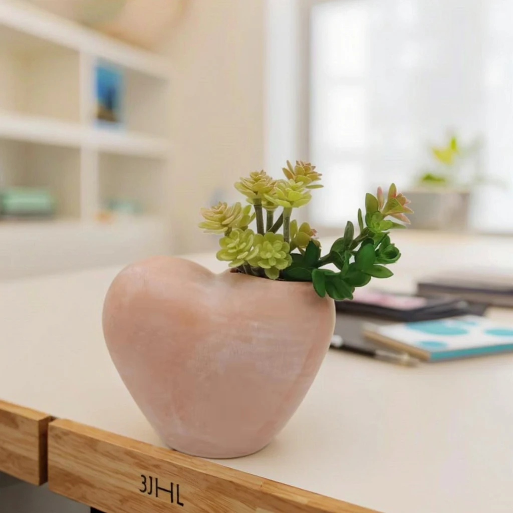 Heart-Shaped Terracotta Tabletop Planter with Faux Plants Europe-Style Desktop Display Flower Pot for Succulents Floor Usage