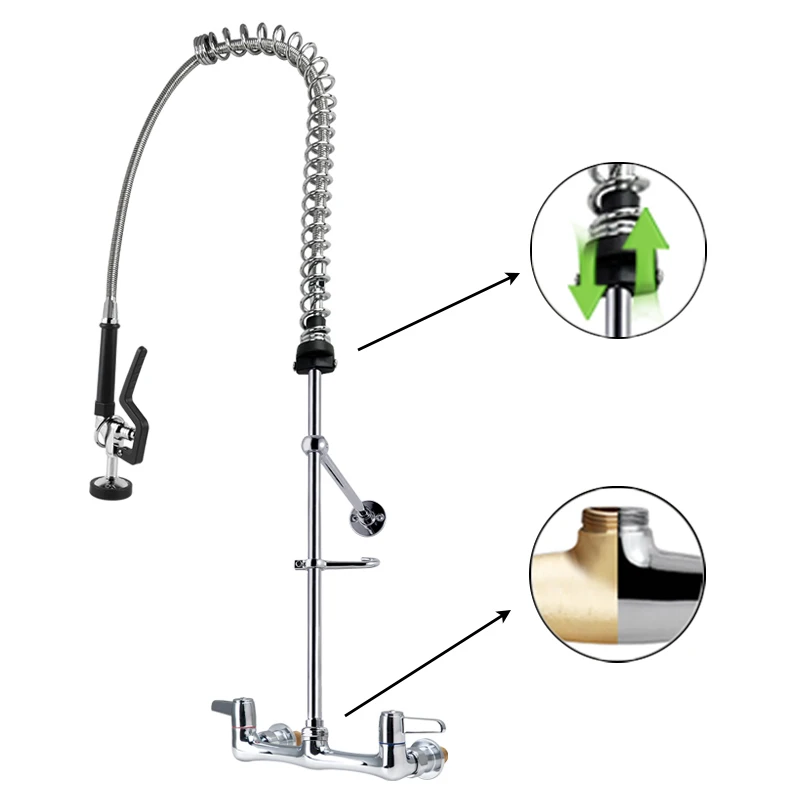 Ścienne komercyjne kuchenne wylewki klasyczne elastyczne dwuręcznikowe z nierdzewnej stali chromowane mosiężne zawory EasyInstall do płukania