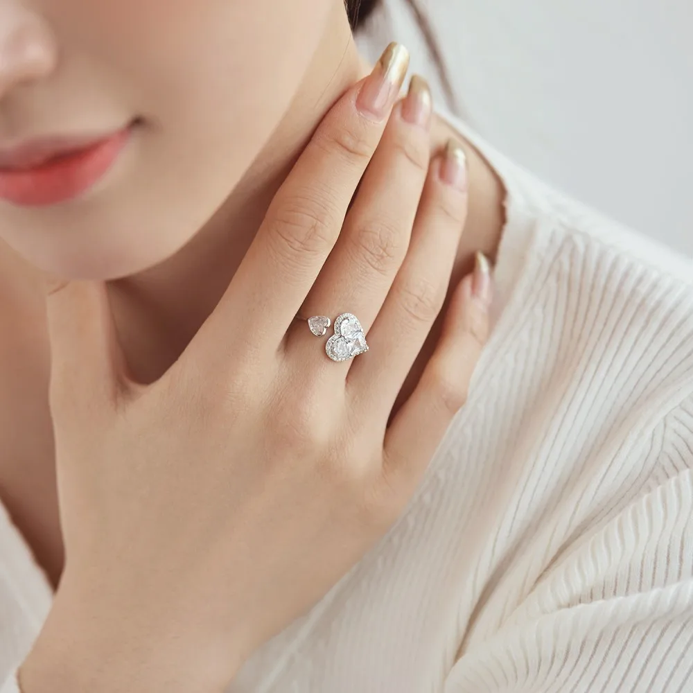 KAKODIY Custom Luxury Adjustable Heart Shaped Cubic Zirconia Women's Open Commitment Engagement Wedding 925 Sterling Silver Ring detail 4