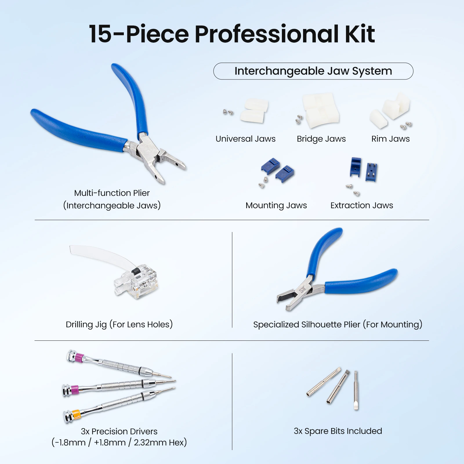 15-Piece Rimless Glasses Repair Toolkit Pliers Precision Screwdrivers Set Silhouette Eyewear Hand Tools
