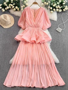 Women's Elegant Ruffled Neckline Puff Sleeve Maxi A-Line Dress With Sheer Mesh and Ruffle Hem