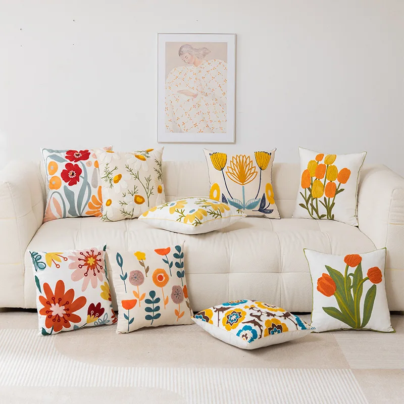 Modern Rustic Floral Cotton Boho Throw Pillow Case Embroidered Leaves Pattern for Home or Hospital Decor