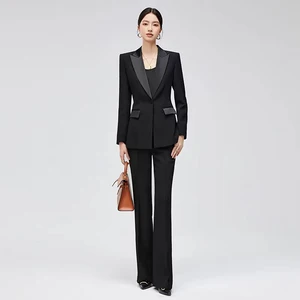 Women's Long Black One-Button Collar Suit with Slightly Flared Trousers Elegant Swear Blazers