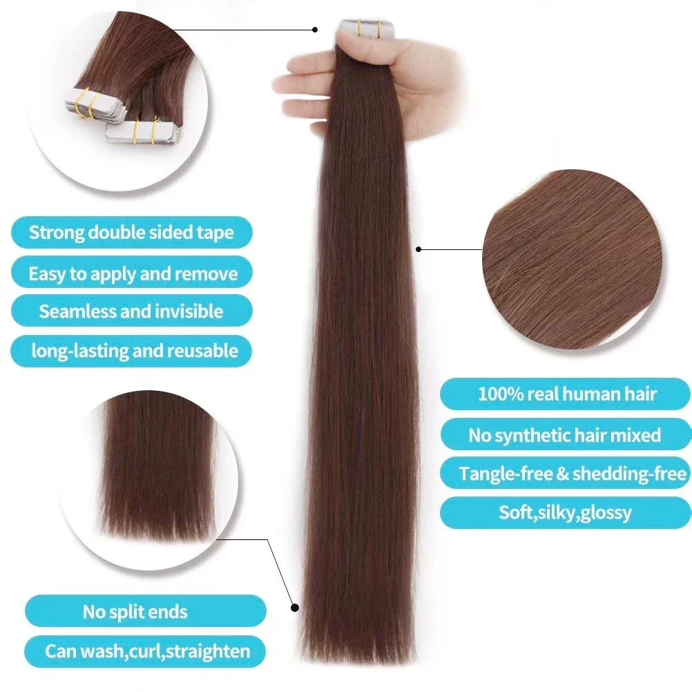 Taśma do przedłużania włosów Remy Human Hair #4 Czekoladowy brąz Bezszwowa taśma do przedłużeń skóry Ludzkie włosy_voghion.com