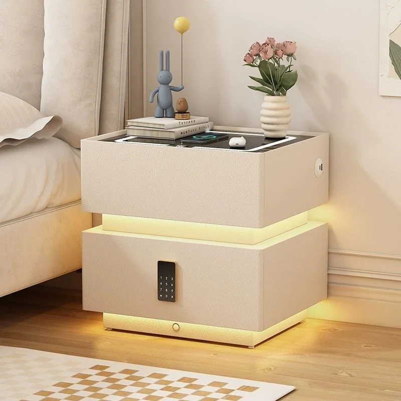 Manufacturer Nightstand Smart Bedside Table for Home Use with LED Light Fingerprint Lock Wooden Bedside Table