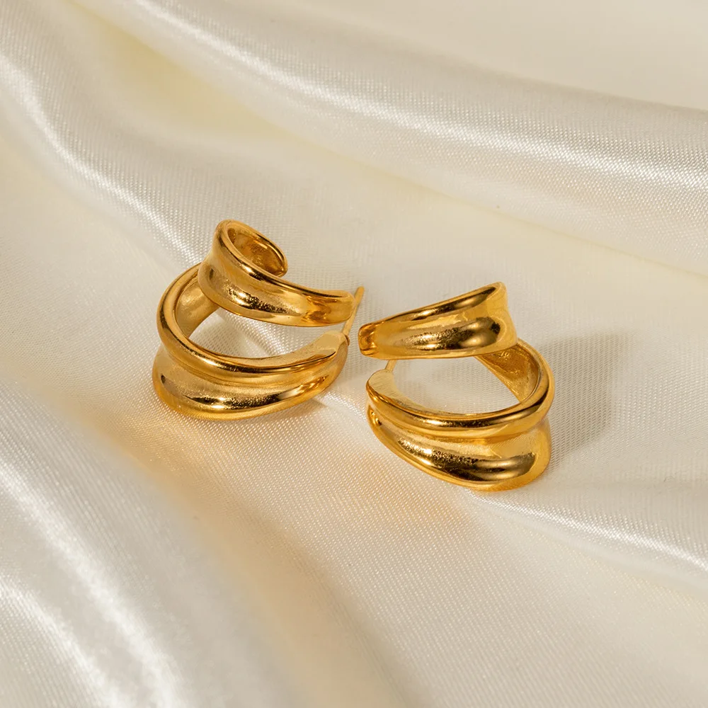 New Arrival Two Layer Unique Design Hoop Earring 18K Gold Plated Stainless Steel Waterproof Tarnish Free C Earrings