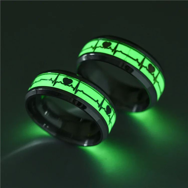 Stainless Steel Fluorescent Heartbeat Couple Ring Jewelry For