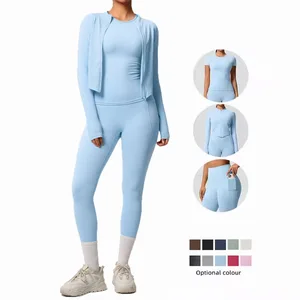High Quality Yoga Pants with Pockets Solid Color Short Sleeve Top Skin Friendly Breathable Fitness Set Three Piece Set