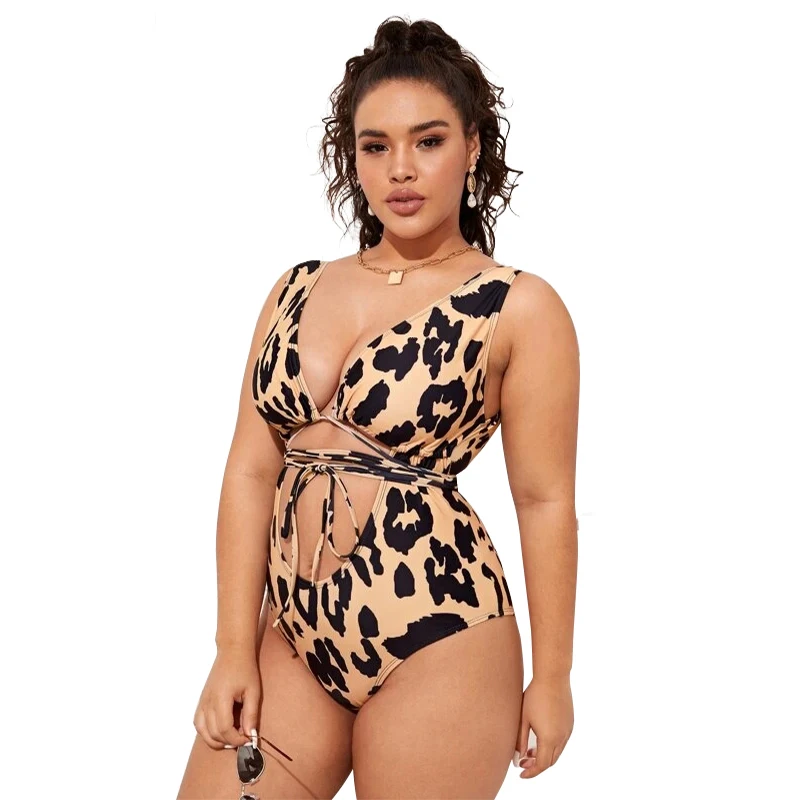 2022 New Design DAMO Plus Size Sexy Women Leopard Swimsuit Hollow Out Tie One Piece Sexy Tankini Recycled Nylon Swimwear