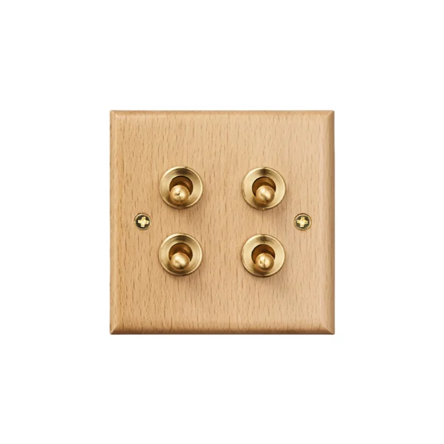 Toggle Switch On-Off VLG Factory Real Beech Wood Panel UK EU Standard 250V 16A 4 Gang Brass Lever Vintage Wall Light Switch