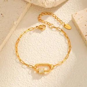 Hot Selling 18k Gold Plated Carabiner Shape Link Bracelet Zircon Women Link Chain Jewelry Bracelets
