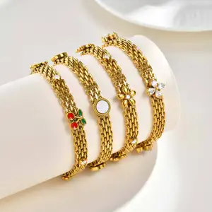 High End 18k Gold Plated Women Zircon Flower Chunky Mesh Chain Bracelet Cherry Stainless Steel Strap Chain Bracelet