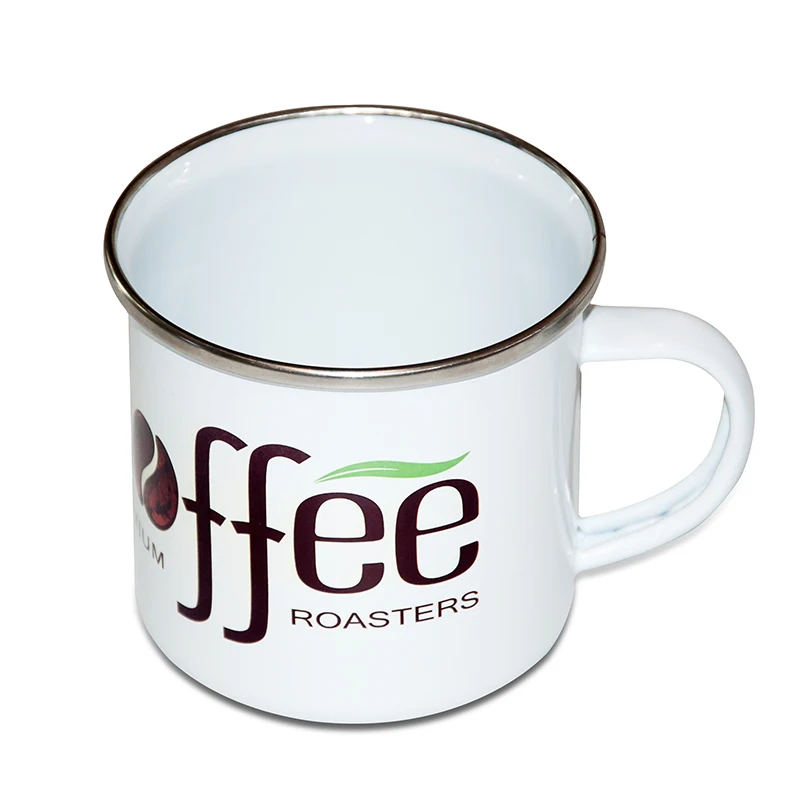 Enamelware Wholesale Custom logo Printing Cheap Metal Enamel Mug with Stainless Steel Rim Enamelware