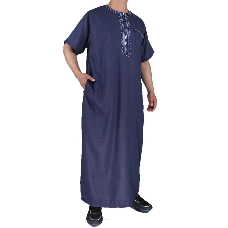 2023 New Style Model Muslim Morocco Eid Cotton Fabric Thobe Khamis Arab Short Sleeve Islamic Clothing Men Thobe