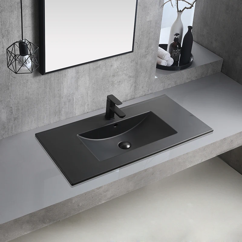 Modern Integrated Matte Black Bathroom Vanity Sink Thin Edge One Piece Ceramic Cabinet Hand Wash Basin