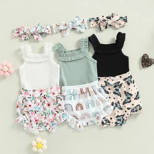 0-18M Baby Girls Boys Clothes Set 3pcs Ruffles Sleeveless Solid Romper+Flower/Rainbow/Butterfly Shorts Hairband Infant Clothing