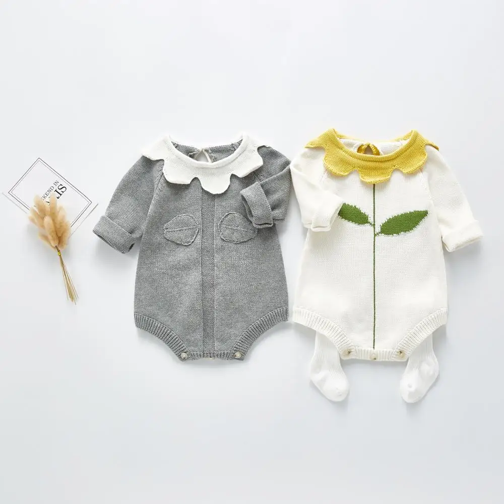 Petal Shape Collar Baby Vintage Long Sleeves Romper Baby Knitted Romper