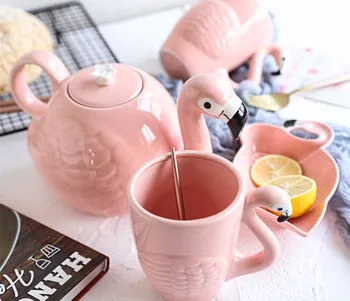 Teapot Set with Cup Cute Pink Flamingo Shape Ceramic Tea Pot Cup Kitchen Use