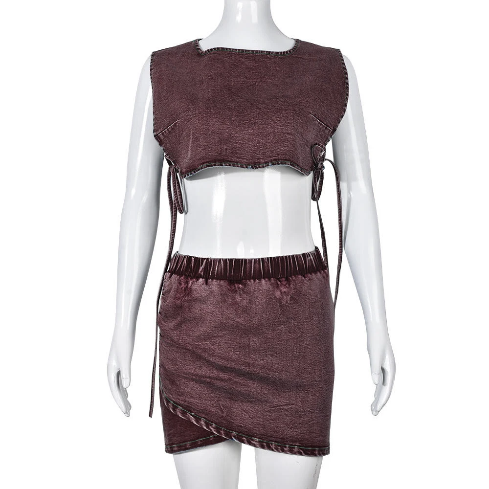 Charm Trending Products New Arrivals Two Piece Set Women Denim Clothing Denim Crop Top Denim Mini Skirt Set Women factory