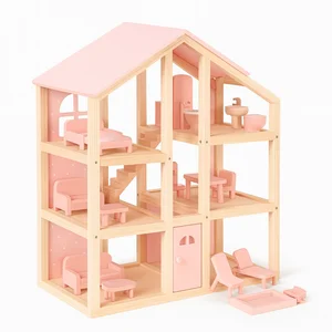 EDULAND 3-Floor Wooden Pretend Play Preschool House Miniature for Dollhouse for Happy Family Play Educational Wooden Doll House