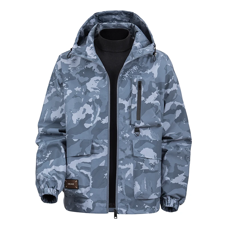 Men's outdoor camouflage windbreaker, hooded, windproof, casual softshell jacket, suitable for hunting and everyday wear.