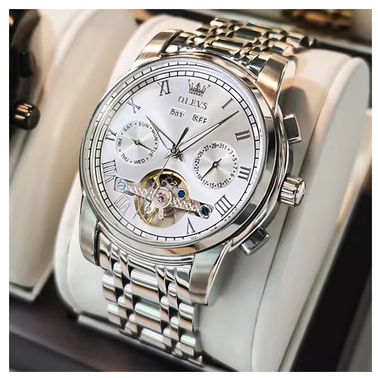 Olevs 6607 Fashion Sports Waterproof Automatic Moon Business Watch Reloj Mechanical Watches Luxury Tourbillon Mens Wrist Watches