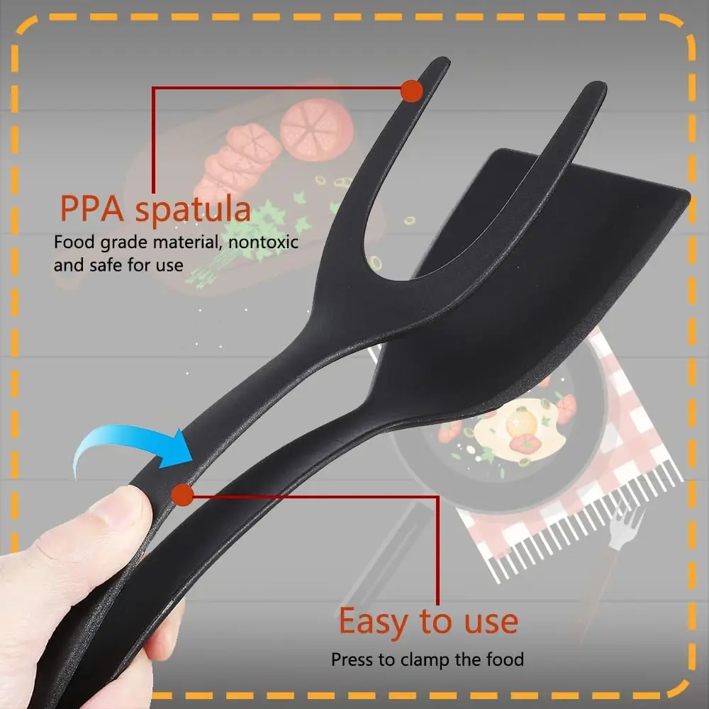 Multifunctional 2-in-1 Non-Stick Food Clip Tongs Fried Egg Cooking Turner Pancake Spatula Pizza Barbecue Omelet Clamp