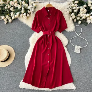 Women'S Summer New French Simple Lapel Single-Breasted Shirt Long Dresses