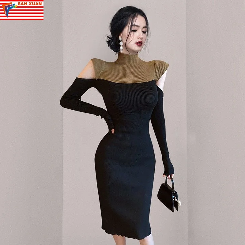 Spot Sale 2023 New High-necked Temperament Knitted Dress Women's  Off-the-shoulder Hit Color Slim Bag Hip Bottoming Lady Dresses - Buy Hip  Wrap Bottoming Skirt,Contrast Color Slim Bottoming Skirt,High-neck Elegant Knitted  Dress Product