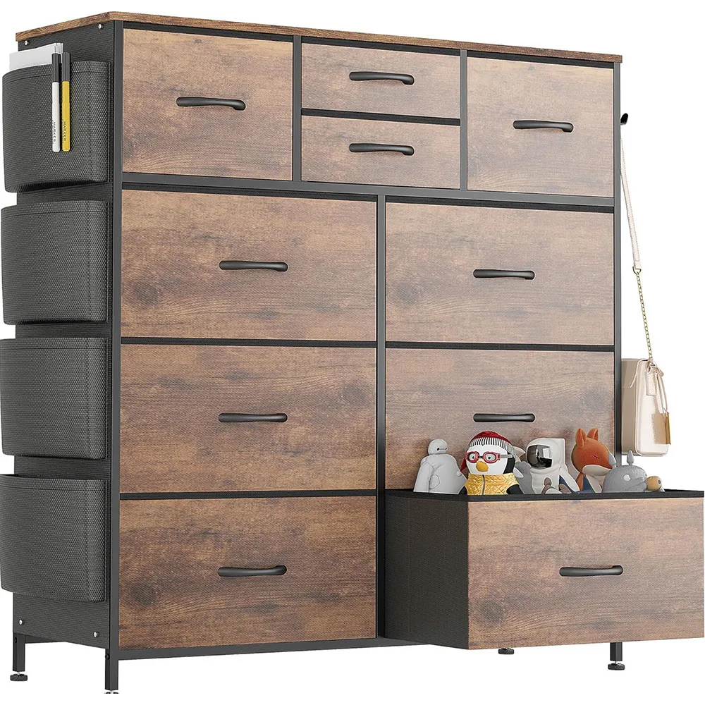 Modernes 10-Schubladen-Kommode für Schlafzimmer Metall-Schubladenschrank mit Seitenfächern und Haken Stoff-Schrankorganizer-System