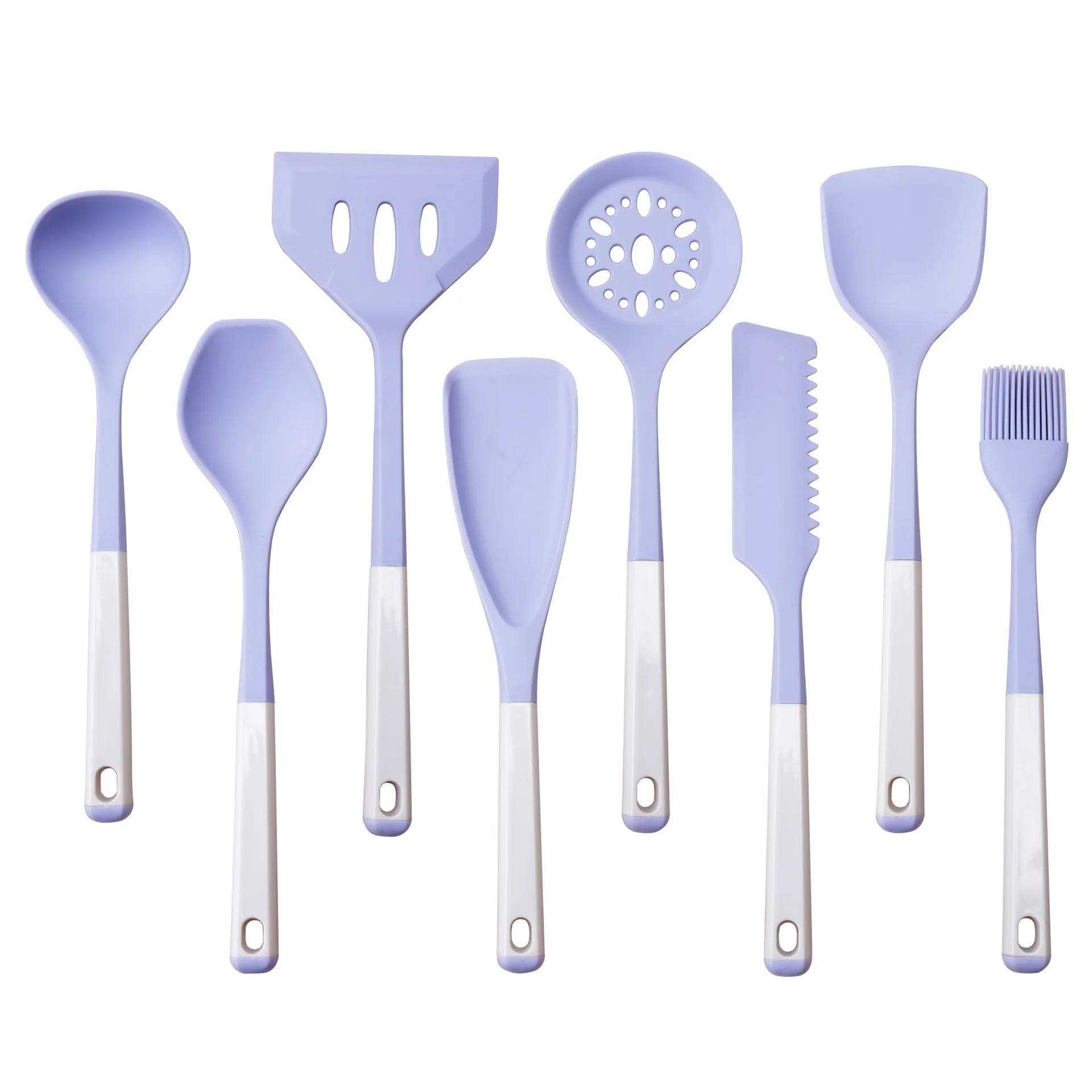 طقم أدوات مطبخ سيليكوني غير لاصق مكوّن من ٨ قطع، مع حوامل مشتركة قابلة للفصل، وملعقة مسطحة للطهي المنزلي