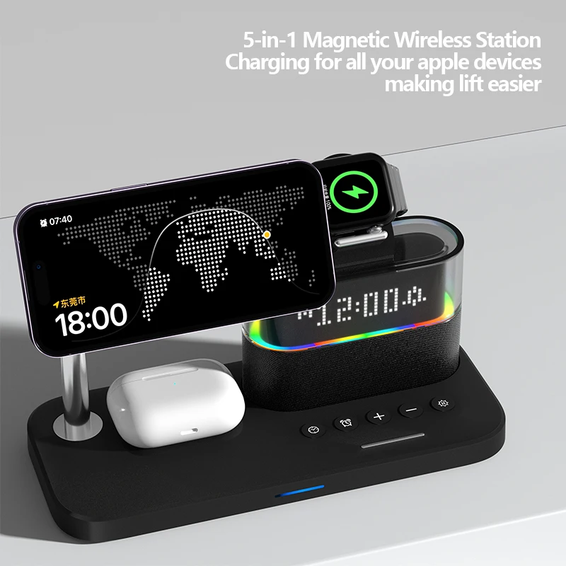 Touch Colorful RGB Light Multifunctional Wireless Charger 4 in 1 With Alarm Clock Charging Station for iphone