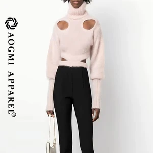 High-End Custom Fashion Women's Wool/Cashmere Turtleneck Hollow Top Design Fleece Long Sleeve Sweater with Sashes