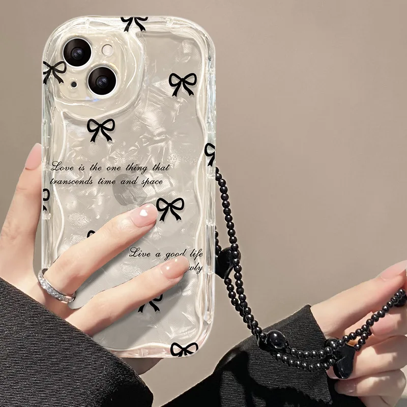 Black Bowknot Shell Pattern Paper With Bead Bracelet TPU Mobile Phone Cover Case for Iphone 7 8 Xr XS 11 12 13 14 15 16 Pro Max