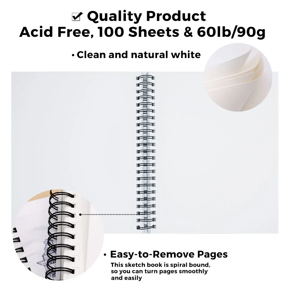 Artmate Sketch Paper Pad 9x12 Inch 100 Sheets 60lb/90gsm 2 Pack,Spiral