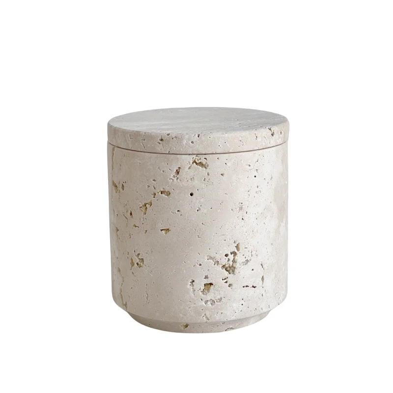 Stonekocc Wabi-sabi Beige Travertine Natural Marble Stone Sundries Storage Tank Candle Jars With Lid And Boxes Packaging
