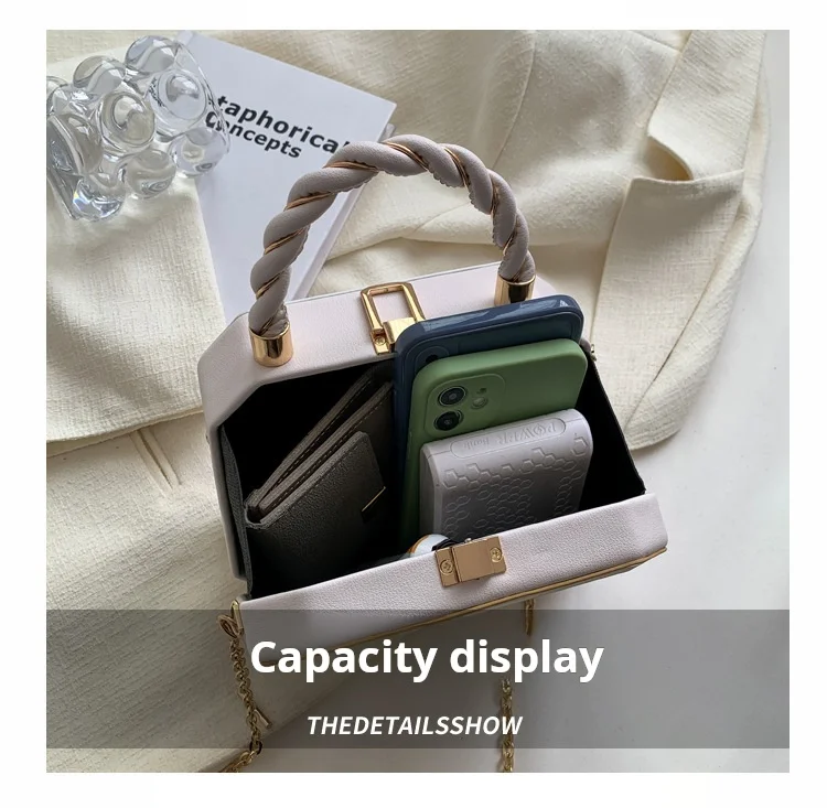 Lady Fashionable Handbag Simple Chain Embellished Mini Square Crossbody Bucket Bag Premium Polyester Lined Casual