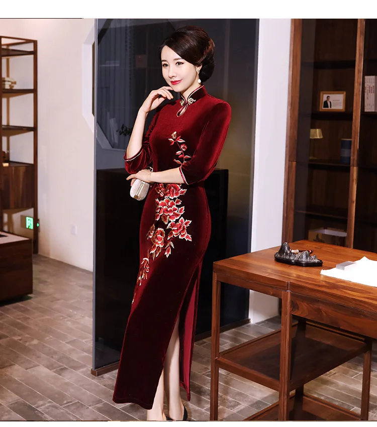 Cheongsam Women High Split Red Chinese Traditional Velvet Long Sleeve ...