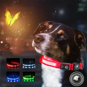 Wholesale High Quality Rechargeable IPX 7 Waterproof Glowing LED AirTag Dog Pet Collar with AirTag Holder Case